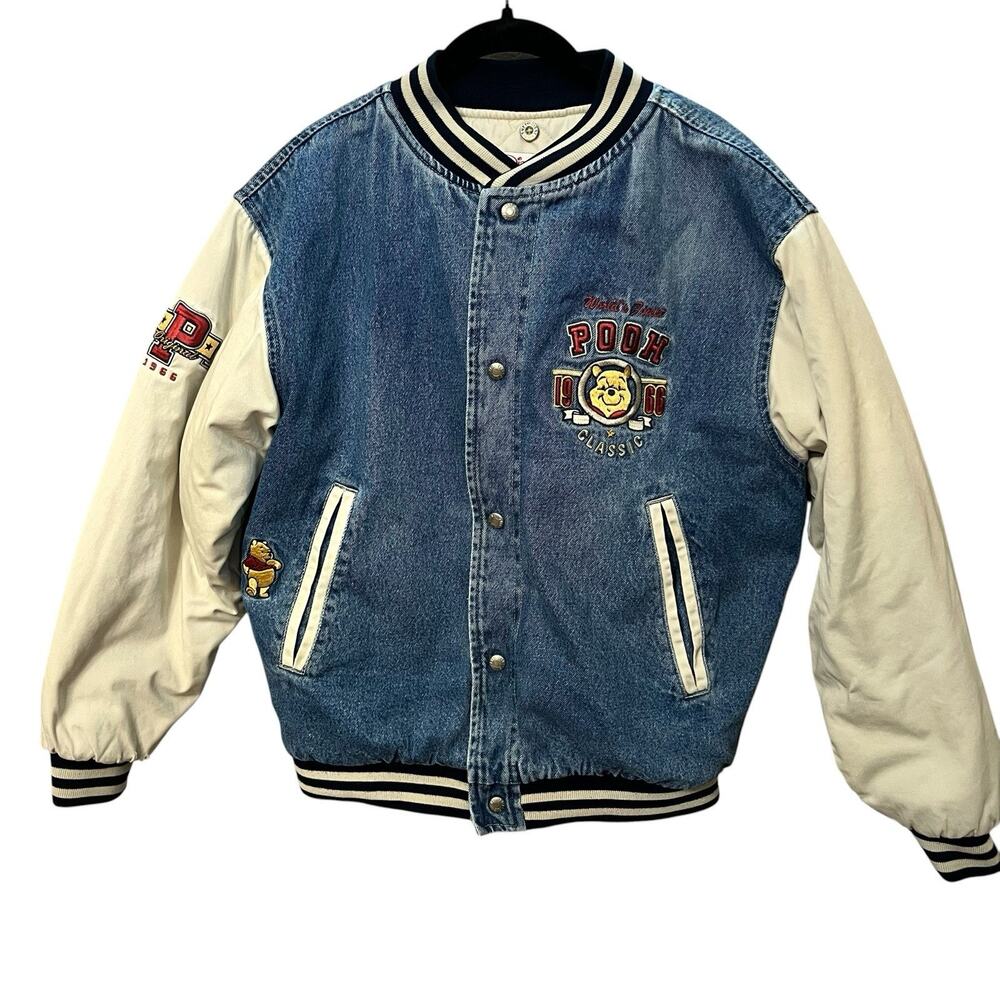 90s VTG The Disney Store Mens Winnie The Pooh Denim Bomber Jacket Small Varsity
